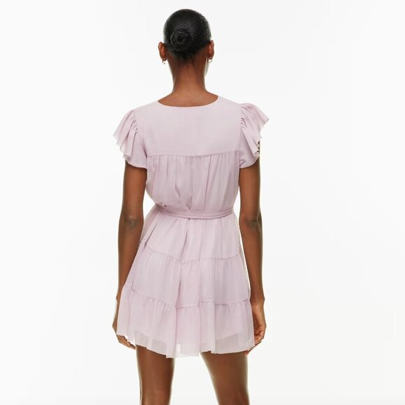 Aritzia Little Moon Sol Dress Semi Sheer Tiered Belted Mini Lilac Size Large - Picture 4 of 10
